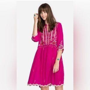 Johnny Was Diega Tunic Dress Pink Embroidered Eyelet Buttons Bohemian Women M